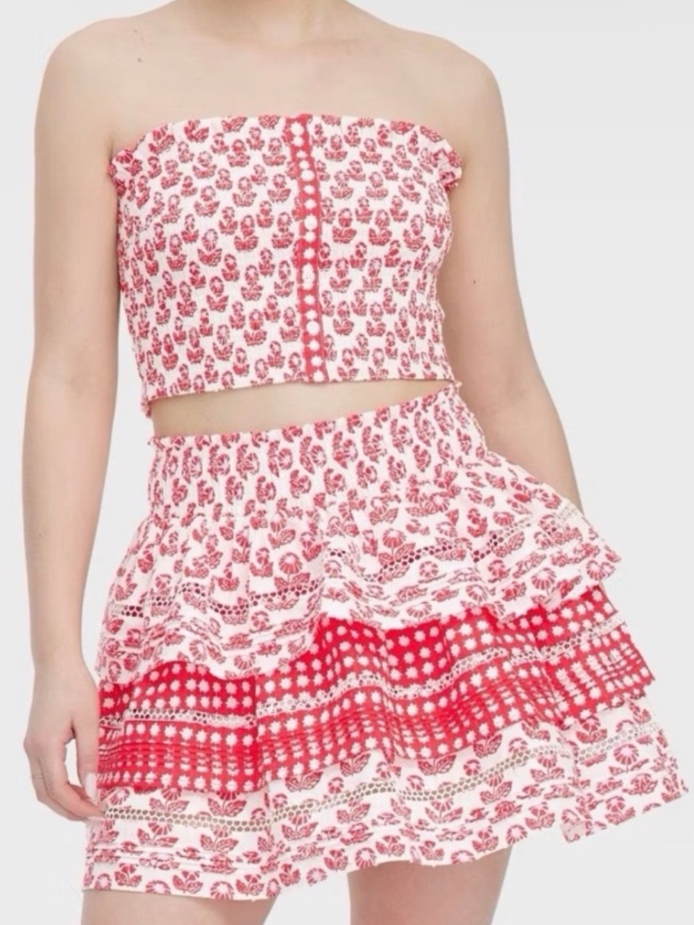 Roller Rabbit Red & White Floral Strapless Crop Top and Tiered Mini Skirt Set